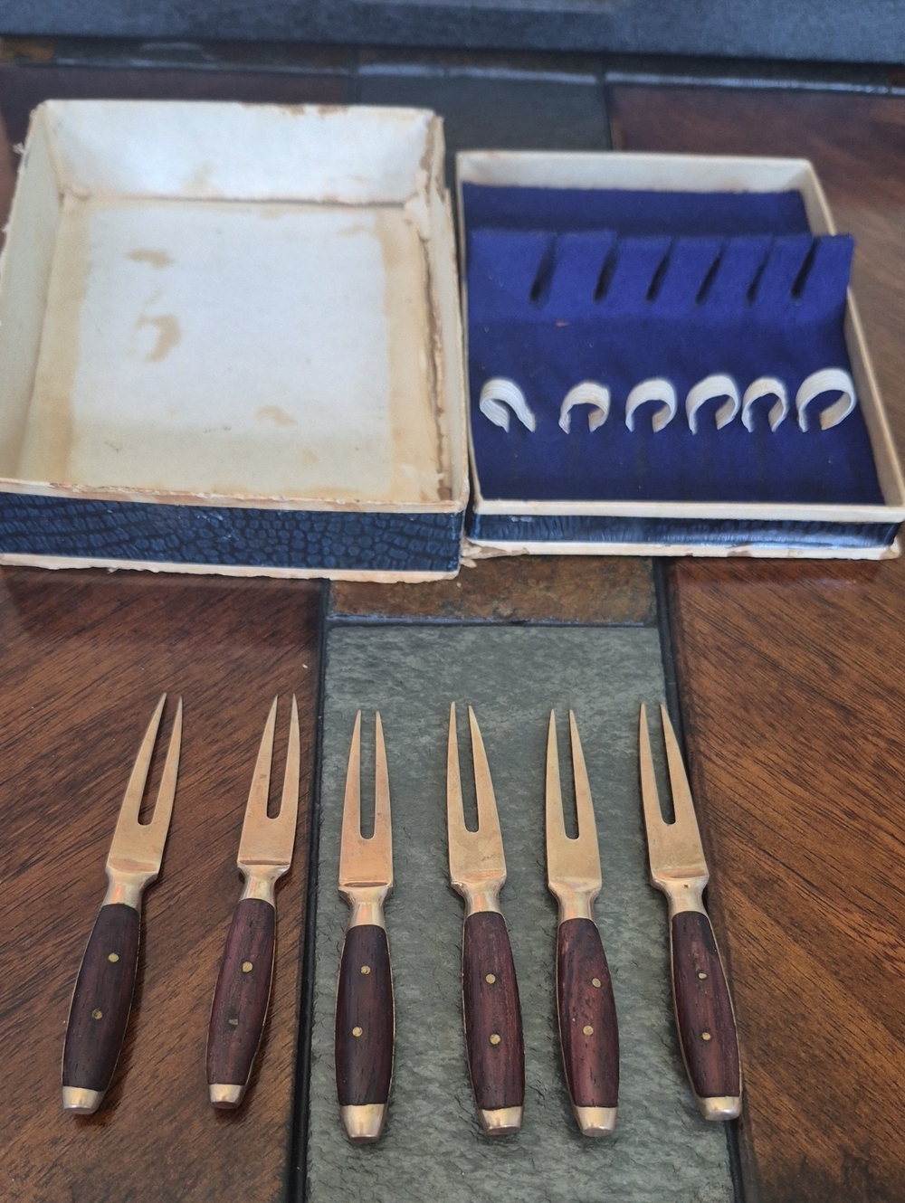 Set of 6 Cocktail/Appetizer Forks in Wood & Brass 50s & 60s